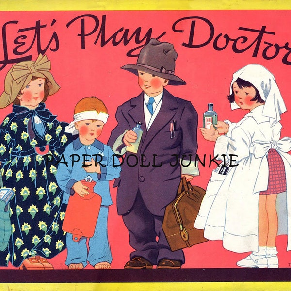 Vintage Paper Dolls Let's Play Doctor Children Dress Up Clip Art Paper Doll House 1938 PDF and JPEG Printable Paper Dolls Instant Download