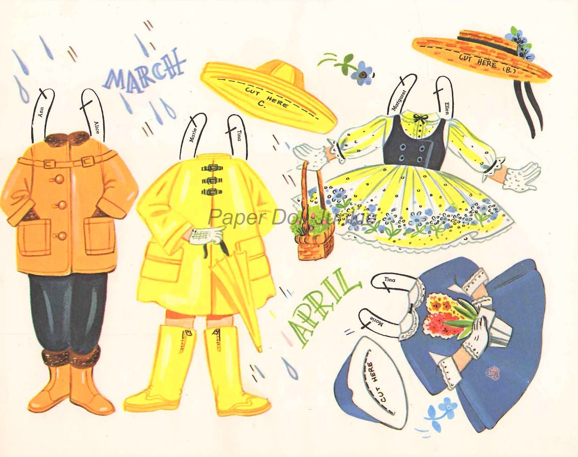 Instant Download Vintage Paper Dolls, Flower Girls Paper Dolls Clip Art