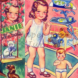 Janie et sa poupée vintage Paper Dolls Clip Art Adorable petite fille et son dolly des années 1940 Téléchargement instantané Scrapbooking imprimable Carterie