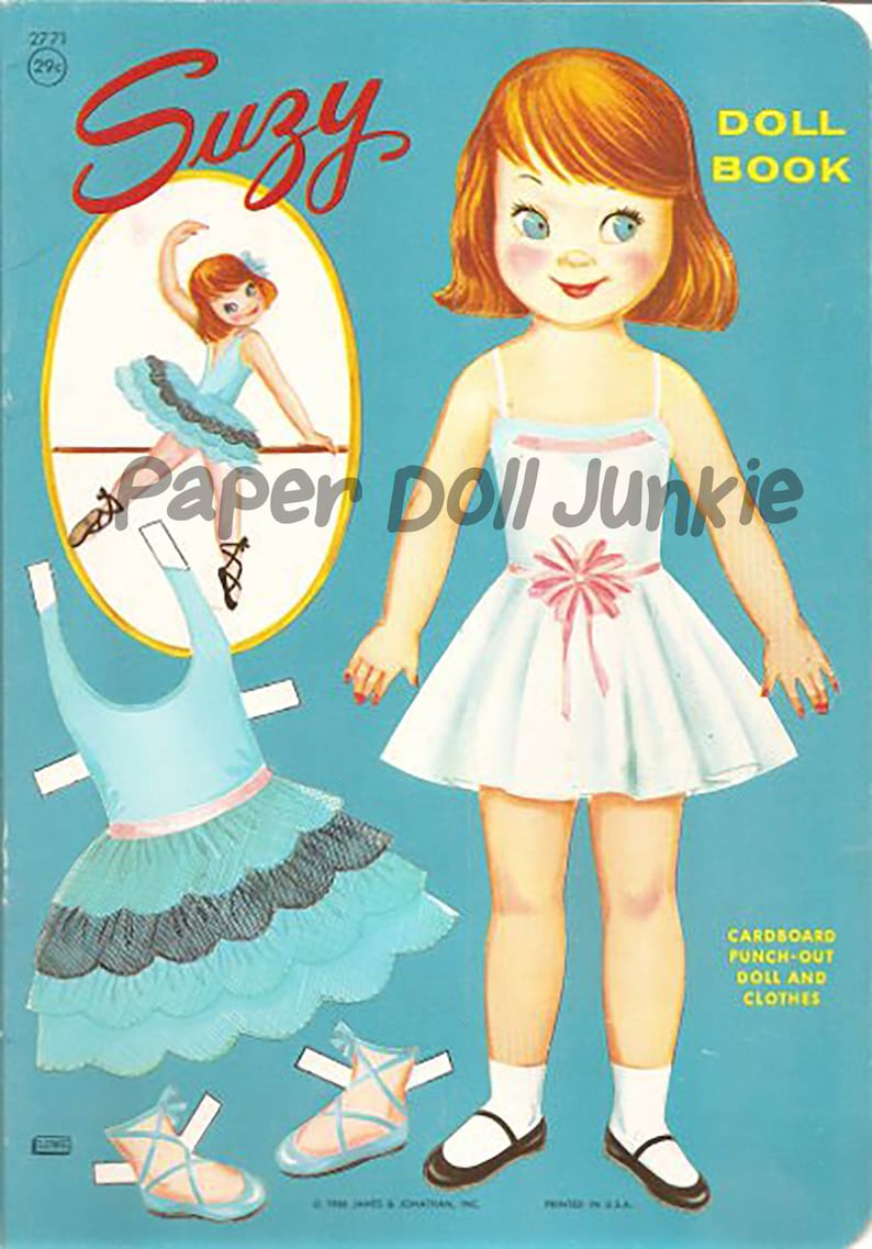 Muñeca de papel vintage imprimible Descarga instantánea PDF Muñeca de papel imprimible de los años 60 Suzy Adorable niña Clip Art y ropa de muñeca de papel imagen 1