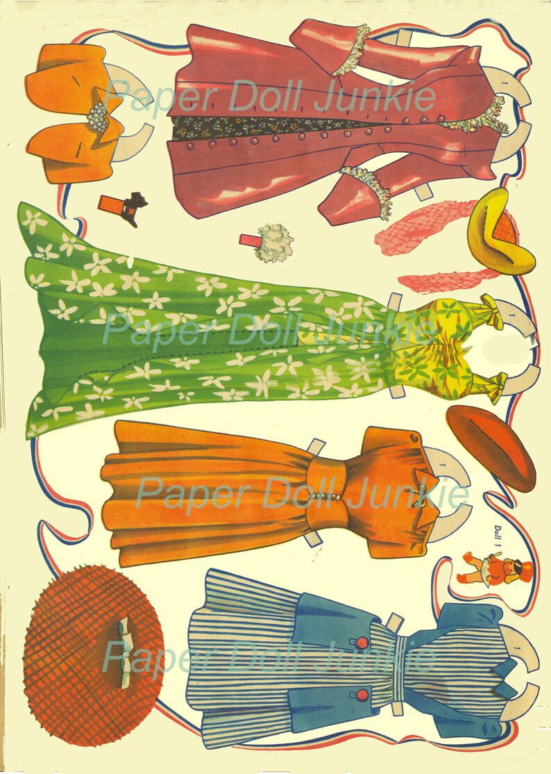 Peut inclure: Un ensemble de poup&eacute;es en papier vintage repr&eacute;sentant une femme avec une vari&eacute;t&eacute; de tenues, dont une robe &agrave; fleurs vertes, une robe orange, une robe &agrave; rayures bleues et blanches et un manteau rose. L'ensemble comprend &eacute;galement des accessoires comme des chapeaux et un sac &agrave; main.