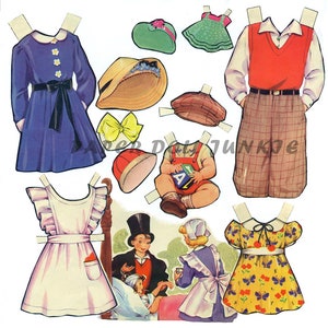 May include: A vintage paper doll set with a variety of outfits and accessories. The set includes a girl in a blue dress, a boy in a red vest and plaid pants, a girl in a white dress, a girl in a yellow dress, and a boy in a top hat and red jacket. The set also includes a variety of hats, shoes, and other accessories.