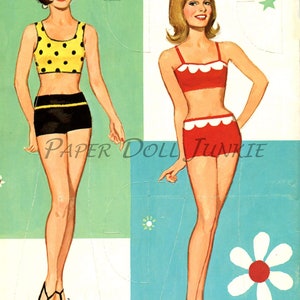 May include: Two paper dolls with different hairstyles and swimsuits. The doll on the left is wearing a black and yellow polka dot bikini top and black shorts. The doll on the right is wearing a red bikini top with white trim and red shorts with white trim.