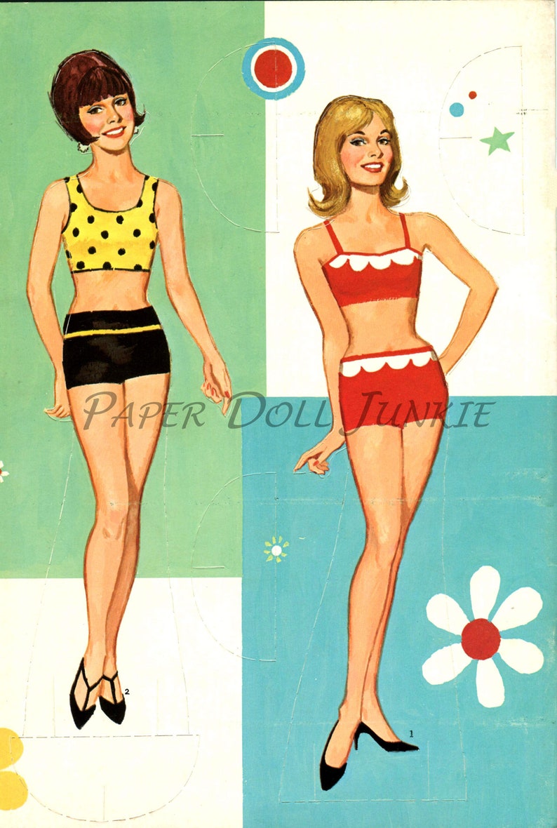 May include: Two paper dolls with different hairstyles and swimsuits. The doll on the left is wearing a black and yellow polka dot bikini top and black shorts. The doll on the right is wearing a red bikini top with white trim and red shorts with white trim.
