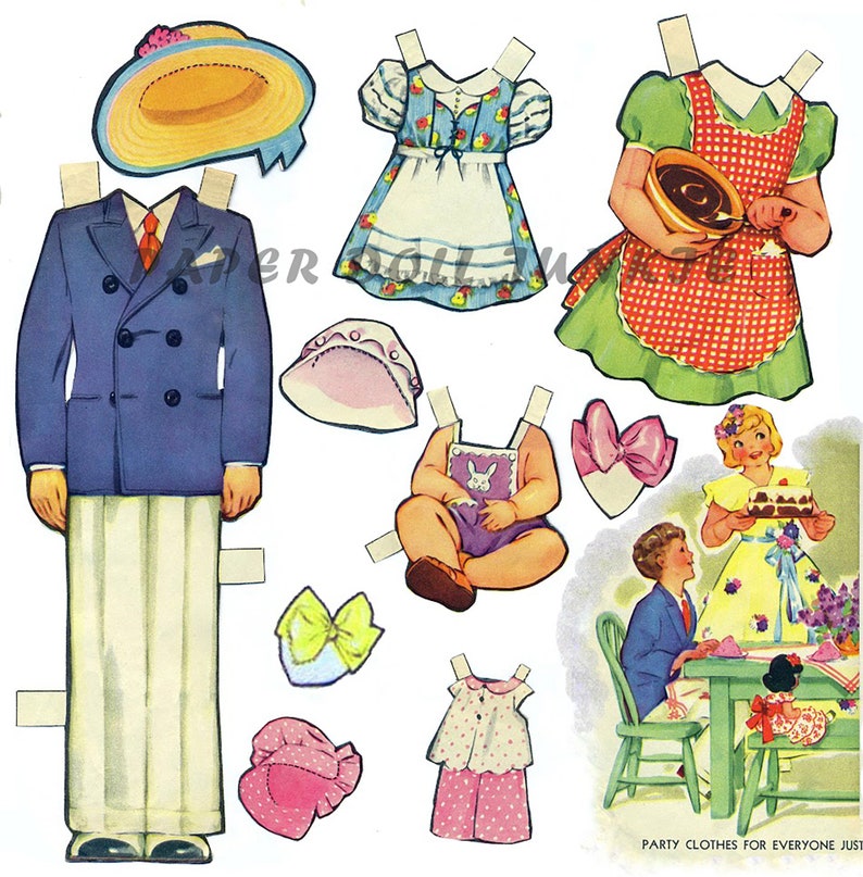 May include: A vintage paper doll set with various outfits for a party. The set includes a man in a blue suit, a woman in a green dress, a girl in a yellow dress, a baby in a purple outfit, and a girl in a pink dress. The set also includes hats, bows, and other accessories.