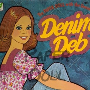 Boneca de papel Denim Deb PDF para impressão Download instantâneo PDF digital Bonecas de papel Estilo retrô dos anos 1970 Groovy Clip Art Mod Scrapbooking Card Making