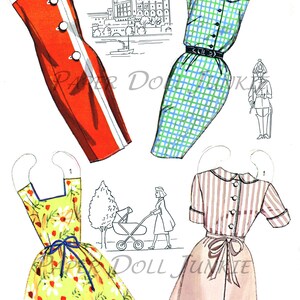 May include: A vintage paper doll set featuring four different outfits. The outfits include a red dress with a white stripe, a green and blue gingham dress, a yellow floral dress, and a pink striped dress. The paper dolls are ready to be cut out and played with.