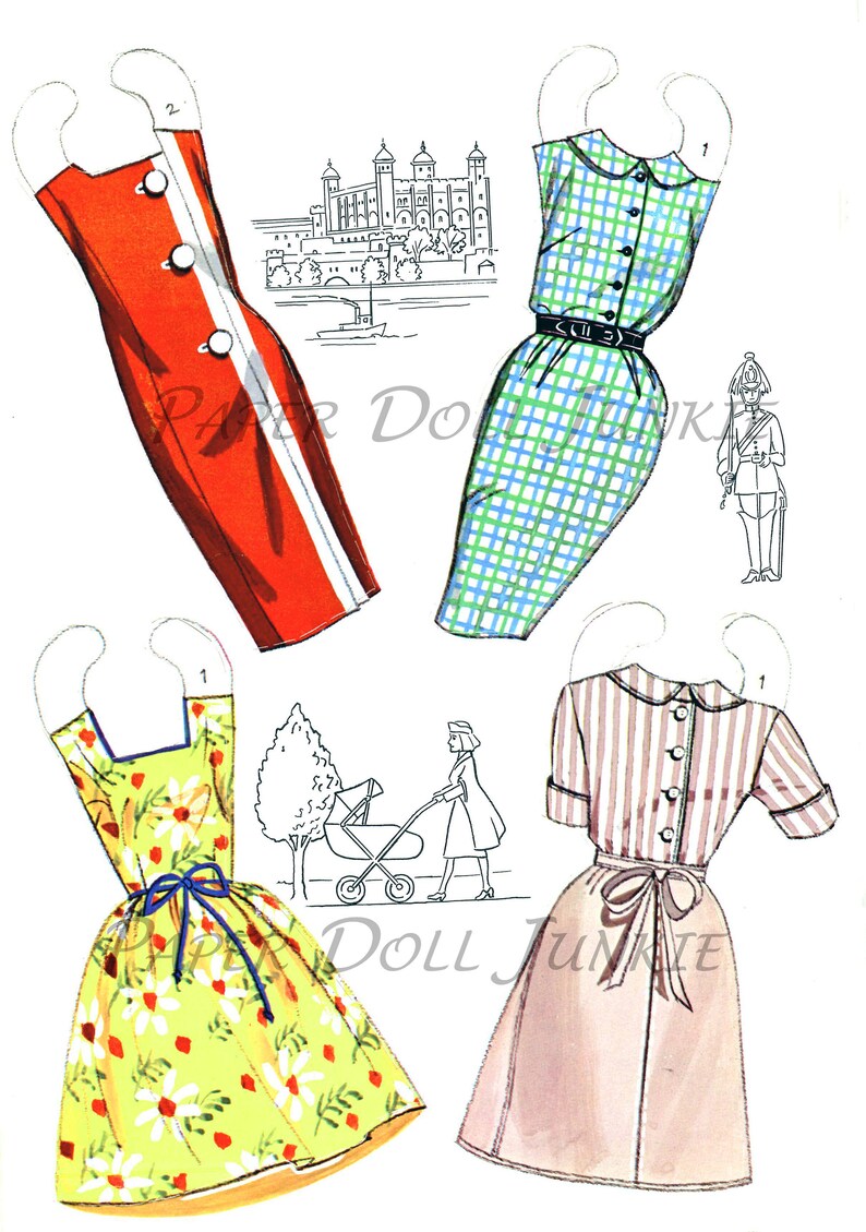May include: A vintage paper doll set featuring four different outfits. The outfits include a red dress with a white stripe, a green and blue gingham dress, a yellow floral dress, and a pink striped dress. The paper dolls are ready to be cut out and played with.