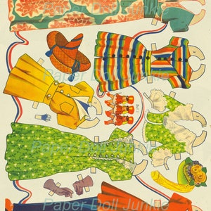 Peut inclure: Un ensemble de poup&eacute;e en papier vintage avec une vari&eacute;t&eacute; de tenues, dont une robe &agrave; rayures, une robe &agrave; fleurs, un manteau jaune et une veste rouge. La poup&eacute;e a une jupe bleue et une veste rouge. L'ensemble comprend un chapeau, des gants et des chaussures.