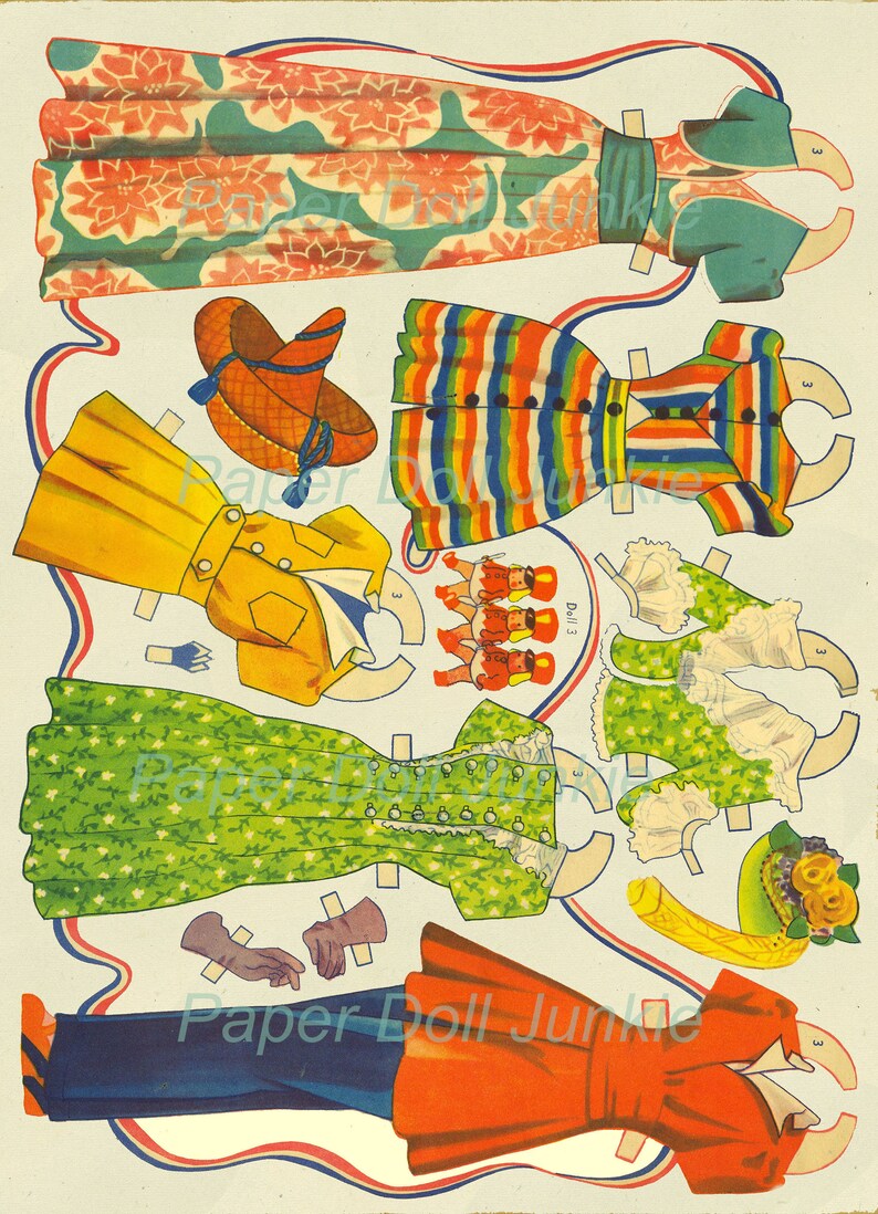 Peut inclure: Un ensemble de poup&eacute;e en papier vintage avec une vari&eacute;t&eacute; de tenues, dont une robe &agrave; rayures, une robe &agrave; fleurs, un manteau jaune et une veste rouge. La poup&eacute;e a une jupe bleue et une veste rouge. L'ensemble comprend un chapeau, des gants et des chaussures.