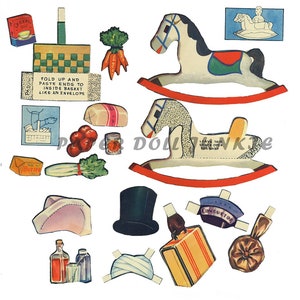 May include: A vintage paper doll set with a rocking horse, a hat, a suitcase, a conductor's hat, a basket, a bottle of milk, a bottle of juice, a loaf of bread, a box of cereal, a stick of butter, a bunch of carrots, a bunch of celery, and a bunch of apples. The paper dolls are ready to be cut out and played with.