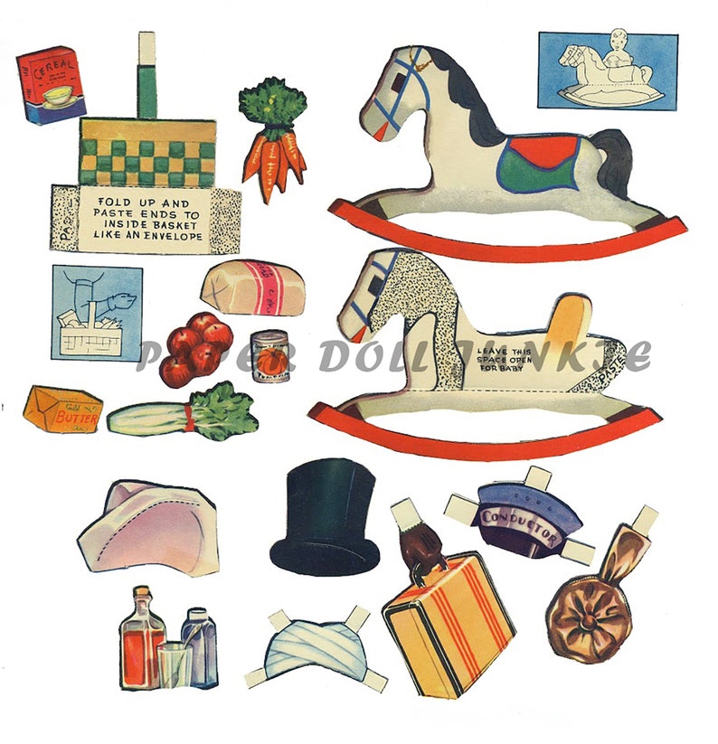 May include: A vintage paper doll set with a rocking horse, a hat, a suitcase, a conductor's hat, a basket, a bottle of milk, a bottle of juice, a loaf of bread, a box of cereal, a stick of butter, a bunch of carrots, a bunch of celery, and a bunch of apples. The paper dolls are ready to be cut out and played with.