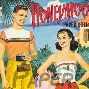 Lalki papierowe vintage, lalki papierowe na miesiąc miodowy, natychmiastowe pobieranie do druku nowożeńcy clipart do druku cyfrowego 300 DPI scrapbooking, papierowe rzemiosło