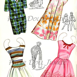 May include: A set of paper doll clothes featuring a plaid shirt and shorts, a floral dress, a striped dress, and a pink dress with a bow.