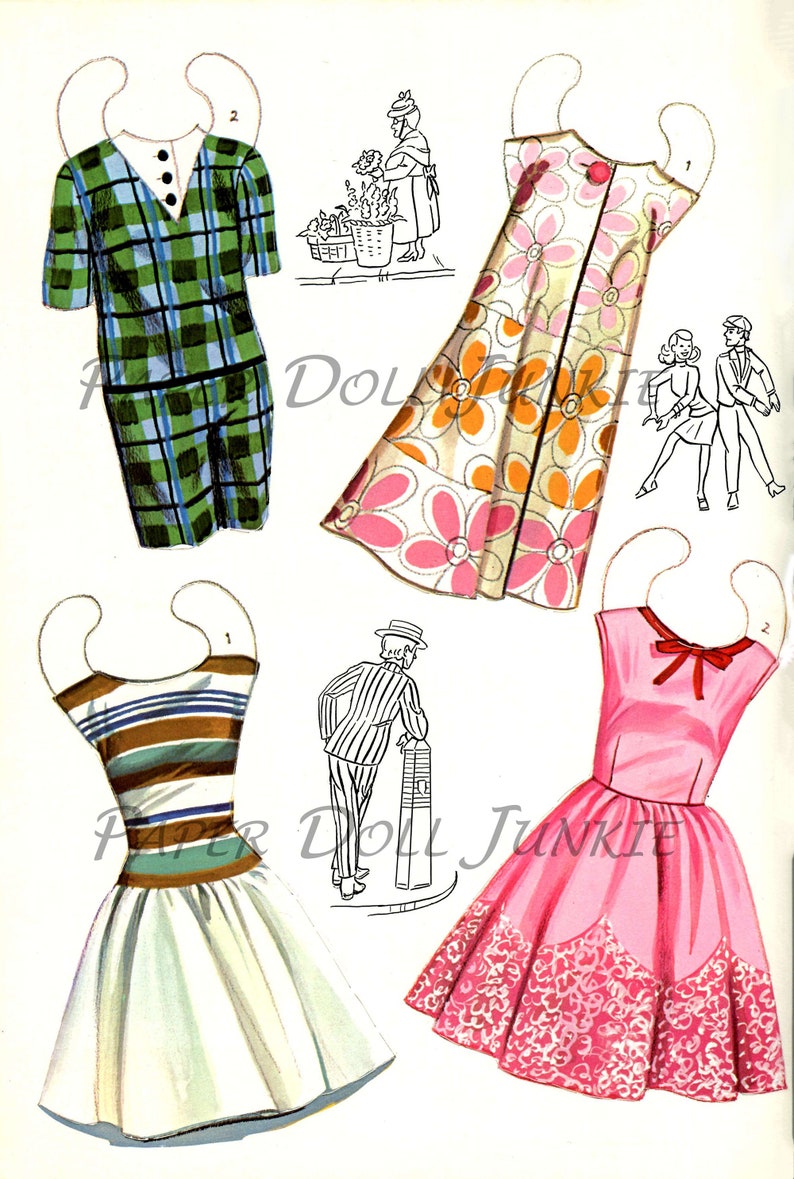 May include: A set of paper doll clothes featuring a plaid shirt and shorts, a floral dress, a striped dress, and a pink dress with a bow.