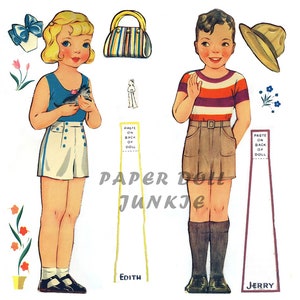 May include: A paper doll set featuring a girl and a boy. The girl is wearing a blue tank top, white shorts with blue trim, and black shoes. She is holding a small kitten. The boy is wearing a red and white striped shirt, brown shorts, and black socks and shoes. The set includes accessories such as a purse, a hat, and flowers.