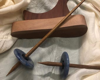 Hand spindle with stone whorl blue aventurine", length approx. 24 cm, beechwood