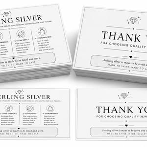 May include: Two stacks and two individual white rectangular cards featuring black text and diamond icons. One card type reads STERLING SILVER with care instructions, while the other reads THANK YOU FOR CHOOSING QUALITY JEWELLERY.