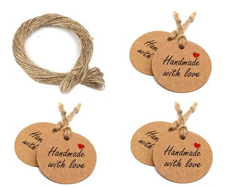 100 x Jewellery Display Mini Gift Tags & String Handmade With Love Kraft Brown
