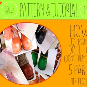 Puede incluir: Un collage de fotos que muestran diferentes estilos de zapatos para muñecas. El texto "HOW TO MAKE DOLL SHOES (DON'T REMOVED) 5 PARTS 417 PHOTO" está en la imagen.