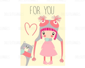 Digital Card, Instant Download, Cute Card, Girls Card, Funny Birthday Card, Printable Card, Greeting Card, Digital Download, Cute Doll Owl