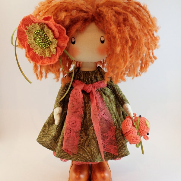 Doll Ivi redhead textile doll, cloth doll orange and green