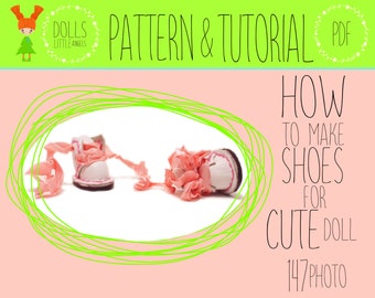 May include: A pink and white doll shoe with a pink ribbon. The shoes are on a white background with a green circle around them. The text "HOW TO MAKE SHOES FOR CUTE DOLL 147 PHOTO" is in black text on a pink background.