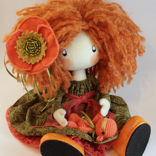 Doll Ivi redhead cloth doll doll handmade orange and green dolls dolls in handmade