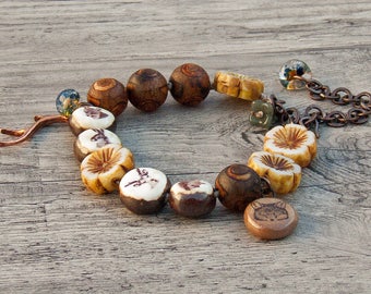 Boho rustic earthy woodland bracelet knotted ceramic gemstone Czech glass lampwork- Grubbi- WinterBirdStudio