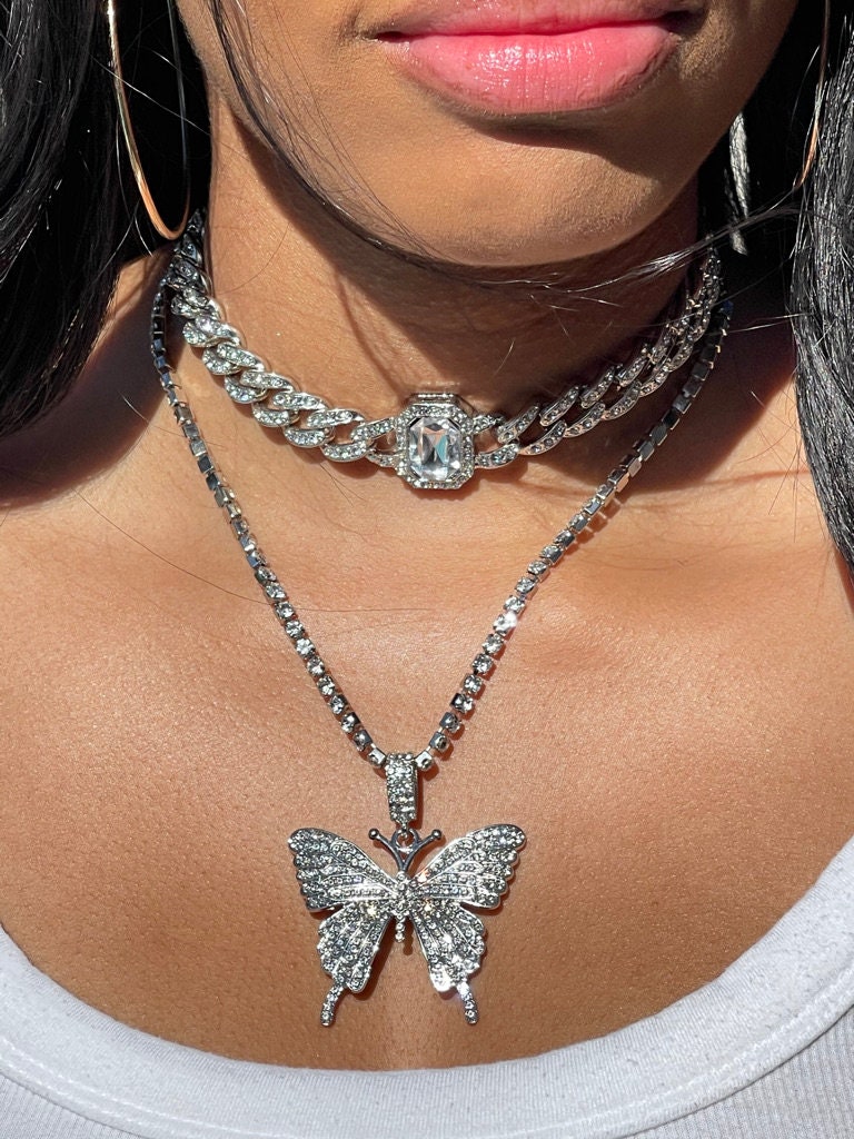 ElegantExpression1 Iced Out 2 Piece Cuban Link Butterfly, 6 Different Large Stone Necklace Set, Diamond, Topaz, Emerald, Rose Pink,Lazuli Blue,Amethyst Purple,