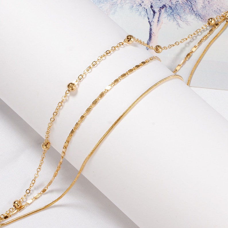 snake chain Dainty 3 Chain Layer one Clasp Luminous Anklet or Single set of 3 Gold  multilayer oval chain bar chain with Gift Box