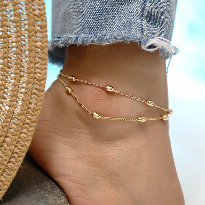 Double Layer Dainty Gold Bead Anklet Simple Anklet Double Etsy