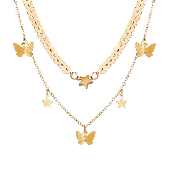 Dainty Gold Layered Fishbone Star Butterfly Necklace - Etsy