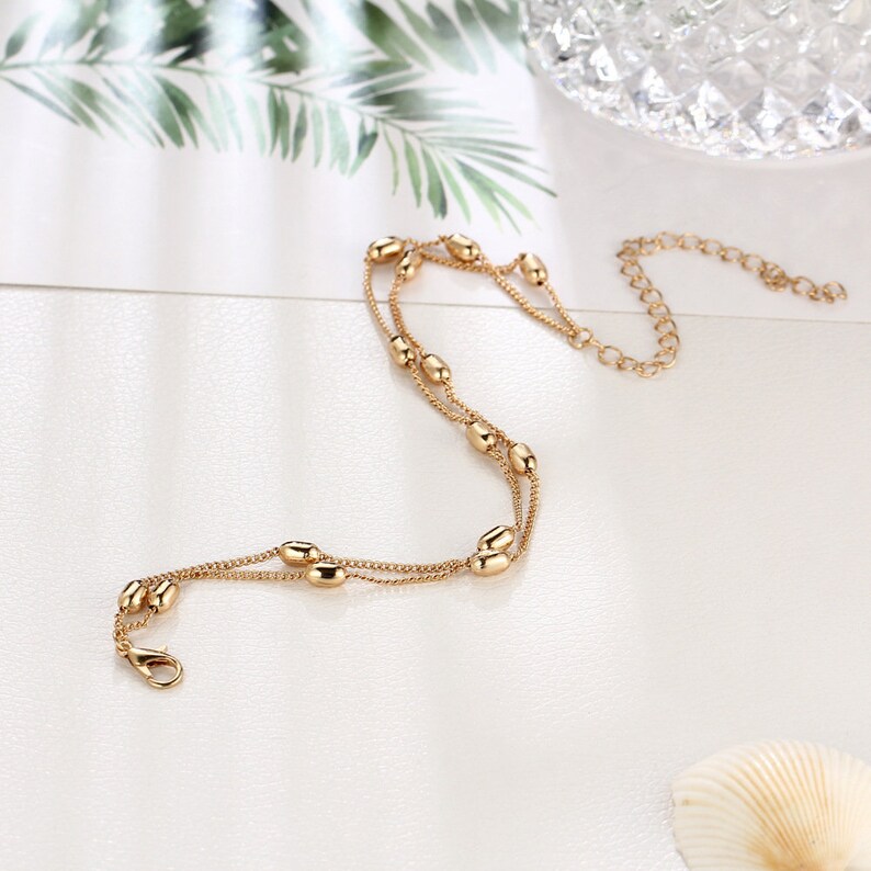 Double Layer Dainty Gold Bead Anklet Simple Anklet Double Etsy