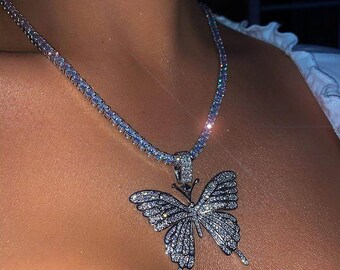 Iced Out Cuban Link Butterfly Necklace 