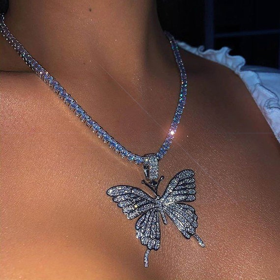 Iced Out Cuban Link Butterfly Necklace 