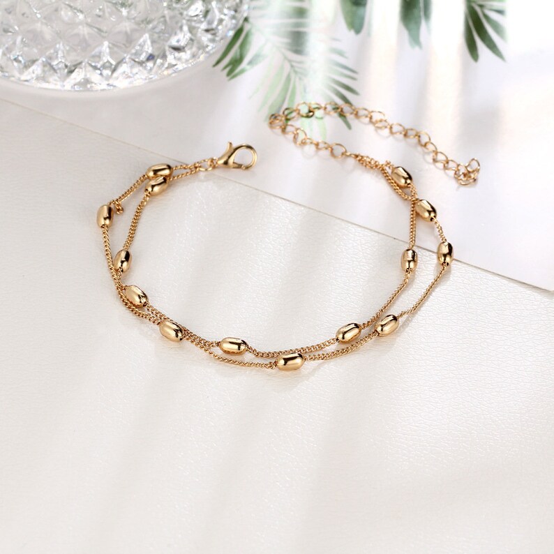 Double Layer Dainty Gold Bead Anklet Simple Anklet Double Etsy