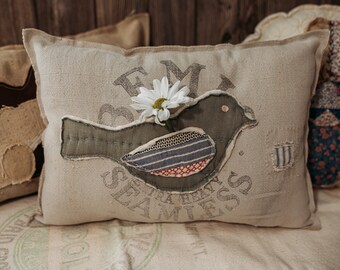 Spring Grain sack Pillow- Spring antique quilt pillow-bird grain sack pillow- bird pillow