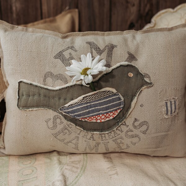 Spring Grain sack Pillow- Spring antique quilt pillow-bird grain sack pillow- bird pillow