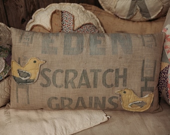 Eden Grain Scratch Spring Grain sack Pillow- Spring antique quilt pillow-chicks grain sack pillow- chick pillow