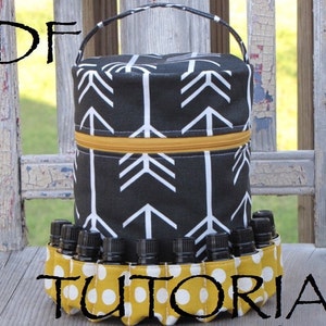 Könnte beinhalten: Eine schwarze und weiße Stofftasche mit Reißverschluss und Henkel. Die Tasche hat ein weißes Pfeilmuster und ist mit kleinen Flaschen gefüllt. Die Tasche sitzt auf einem Holzstuhl mit einem gelben und weißen Tupfenmuster.