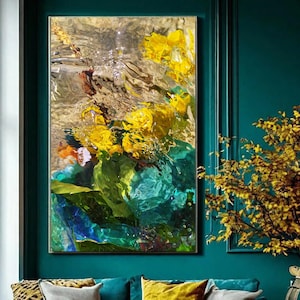 Unikatowy płynny wydruk artystyczny, żółty, turkusowy, zielony, oceaniczny (pobranie cyfrowe)