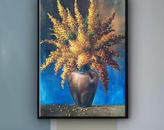 Original Mimosa Oil Painting, Yellow Floral Still Life