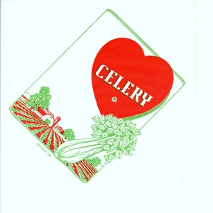 Może przedstawiać: Ilustracja w stylu vintage przedstawiająca czerwone serce z białym napisem „CELERY” w zielonym rombie. Przedstawiono również zieloną łodygę selera i scenę z farmy, z rokiem praw autorskich 1936.