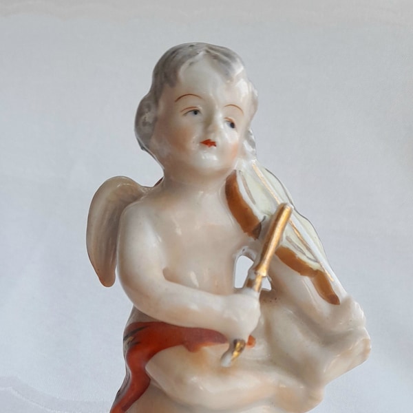 Angel Playing Violin, Occupied Japan Ceramic Figurine, Unusual Type, 1945 - 1951