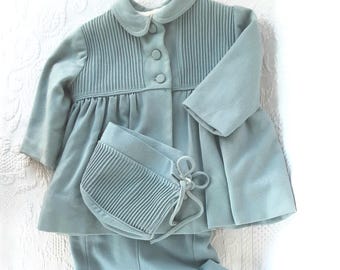 Girls Dressy Snow Suit, Light Blue B. Altman 5th Ave NY 60s or 50s Hat Coat Pants, Hockanum Wool, Metal Zipper -scroll down for full details