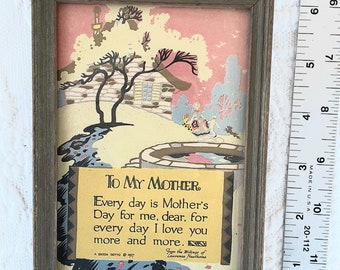 Mother's Day Print Poodle Dog & Kids in Pink Lavender and Yellow Buzza Motto Vintage Original Wood Frame -scroll down for full details