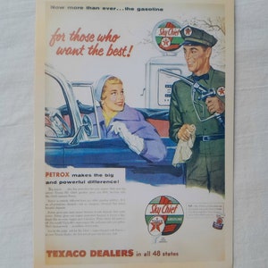 Cartão postal Texaco Sky Chief Roger Wilkerson Ilustração Propaganda de gasolina dos anos 1950 - role para baixo para ver a descrição completa