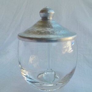 Condiment Jar with Glass Spoon and Hammered Aluminum Lid Vintage Table Service -scroll down for Item details