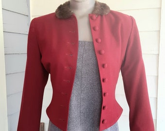 Cherry Red Wool Small Jacket Fur Collar Botany Judy 'n Jill Distressed Circa 1950s